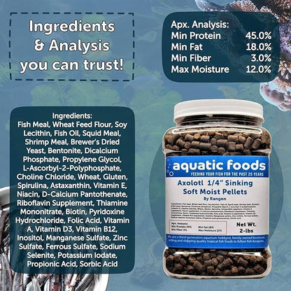 Aquatic Foods Inc. Axolotl Food, 1/4" Soft Moist Sinking Pellets, Rangen's Salmon Meal Pellets for Adult Axolotl. Also Shrimp, Snails, Crabs, Bottom Fish, All Tropical Fish...12oz Small Jar