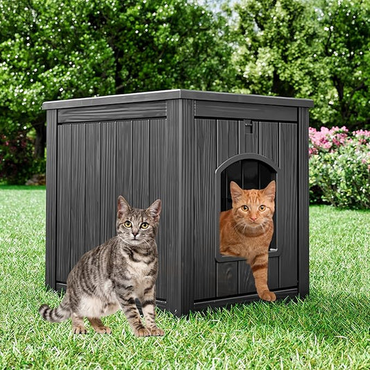 KAMABOKO Outdoor Cat House, Weatherproof PP Plastic Cat Shelter for Indoor & Outdoor Use, Durable All-Season Pet House for Feral & Stray Cats, Black
