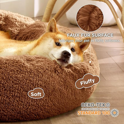 Bedsure Calming Dog Bed for Medium Dogs - Donut Washable Medium Pet Bed, 30 inches Anti-Slip Round Fluffy Plush Faux Fur Cat Bed, Fits up to 45 lbs Pets, Copper