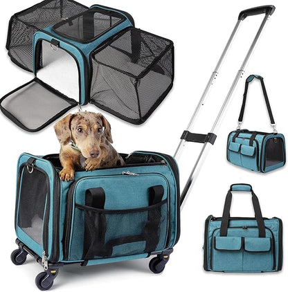 Pet Carrier with Wheels | United Delta American Frontier Airline Approved | Two Expandable Sides, Storage Pockets Adjustable Leash | Rolling Dog and Cat Carrier TSA Compliant (Blue 17x11x11)