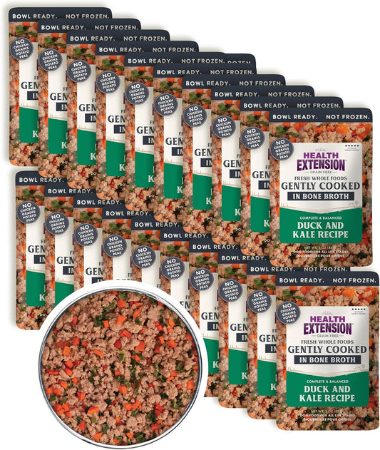 Health Extension Gently Cooked Grain-Free Duck & Kale Dog Food, Human-Grade & Shelf-Stable with Superfoods, Supports Digestion, Immunity, Skin & Coat, 3 oz Pouch (Pack of 20)