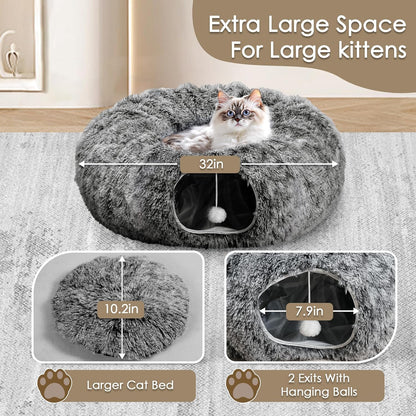 Cat Tunnel Bed for Indoor Cats, Peekaboo Cat Cave with Washable Soft Play Mat, Furry Cat Tube, for Kitten/Puppy/Rabbit, Black