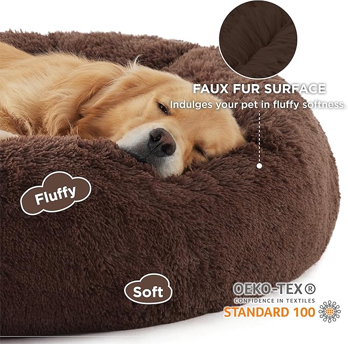 Bedsure Calming Dog Bed for Extra Large Dogs - Donut Washable Large Pet Bed, Anti-Slip Round Fluffy Plush Faux Fur Dog Bed, Fits up to 120 lbs Pets, Coffee, 45 inches