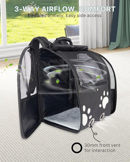 Cat Backpack Carrier with Comfort Handle, Ventilated Cat Backpack with Reflective Strips, Foldable Cat Carrying Backpack for Cats up to 17 lbs and Small Dogs up to 13 lbs(Black).