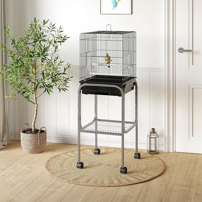 Pawhut 45-inch Metal Indoor Bird Cage, Parrot Cage, Bird Aviary with Detachable Rolling Stand, Storage Basket, and Accessories - Black