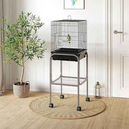 Pawhut 45-inch Metal Indoor Bird Cage, Parrot Cage, Bird Aviary with Detachable Rolling Stand, Storage Basket, and Accessories - Black