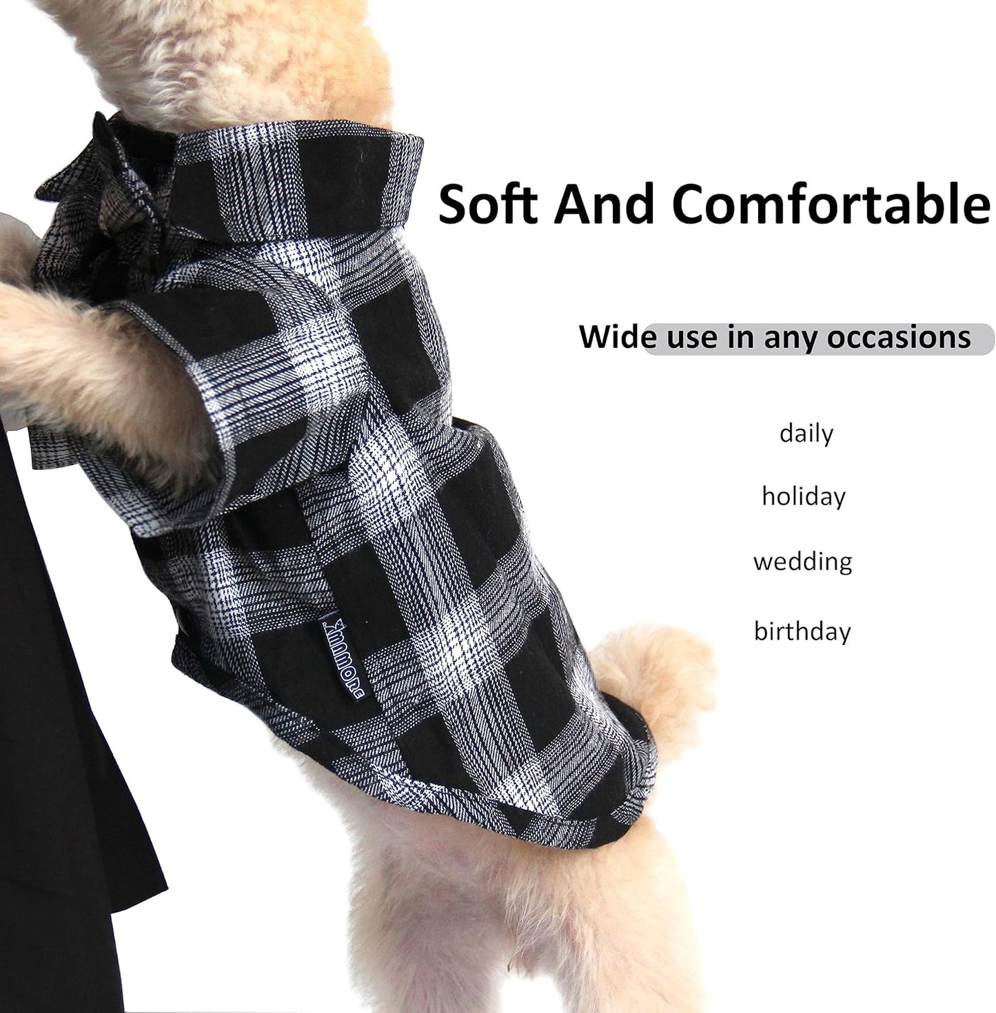 Plaid Dog Shirt,Soft Casual Pet Shirt Clothes, Dog Cotton Shirt with Bow Tie for Wedding,Christmas Costumes (Small, White&Black)