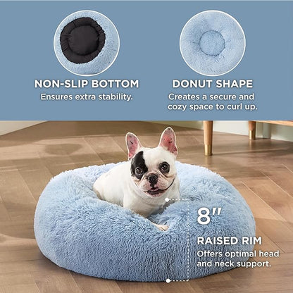 Bedsure Calming Dog Bed for Small Dogs - Donut Washable Small Pet Bed, Round Anti-Slip Fluffy Plush Faux Fur Large Cat Bed, Fits up to 25 lbs Pets, Light Blue, 23 inches