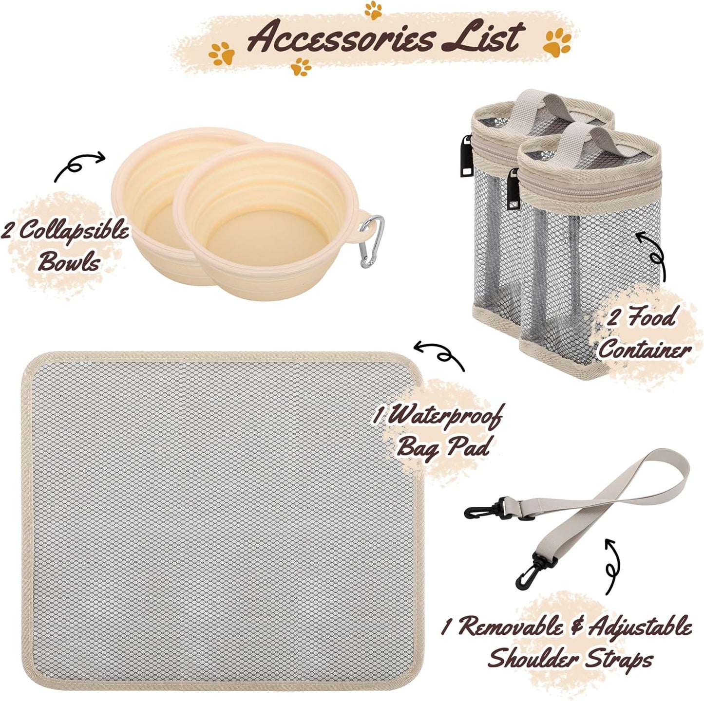 Modoker All-in-One Dog Travel Bag Airline Approved Pet Cat Tote Organizer for Weekend Trips, 2 Bowls, 2 Food Containers & Feeding Mat