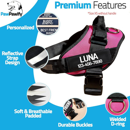 PawPawify Custom No Pull Dog Harness with Name and Phone Number, Heavy Duty Personalized Pet Vest to Prevent Tugging, Pulling, or Choking, Training and Walking (Pink, XL (Chest 28-35in))