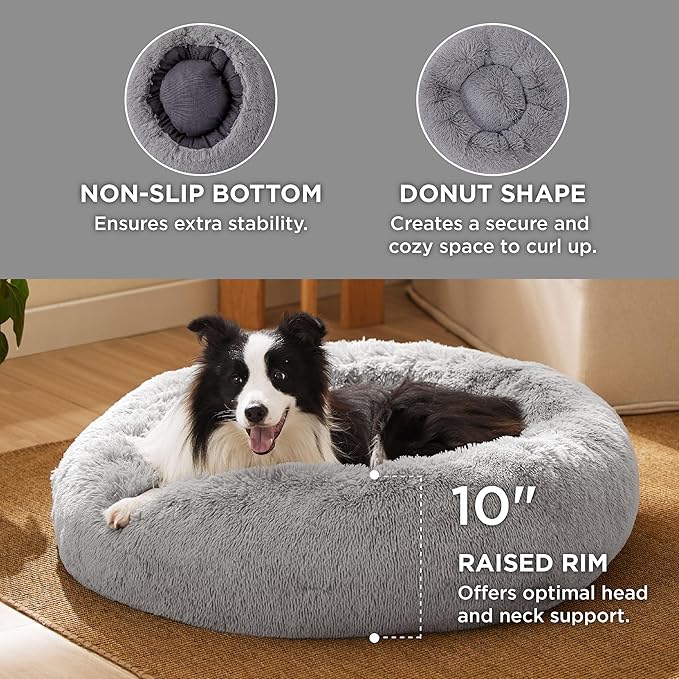 Bedsure Calming Dog Bed for Large Dogs - Donut Washable Large Pet Bed, 36 inches Anti-Slip Round Fluffy Plush Faux Fur Dog Bed, Fits up to 80 lbs Pets, Pale Grey