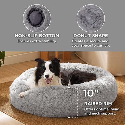 Bedsure Calming Dog Bed for Large Dogs - Donut Washable Large Pet Bed, 36 inches Anti-Slip Round Fluffy Plush Faux Fur Dog Bed, Fits up to 80 lbs Pets, Pale Grey
