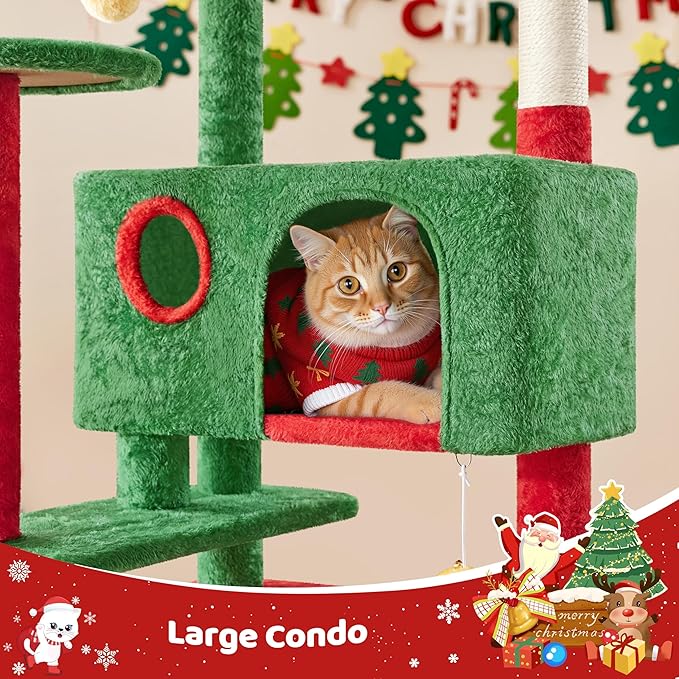 Yaheetech 54in Christmas Cat Tree, Multi-Level Cat Tower with Spacious Kitten-Ear Perch, 2 Cozy Caves, Scratching Posts, Climbing Ladder, 2 Plush Balls for Indoor Kittens, Red/Green