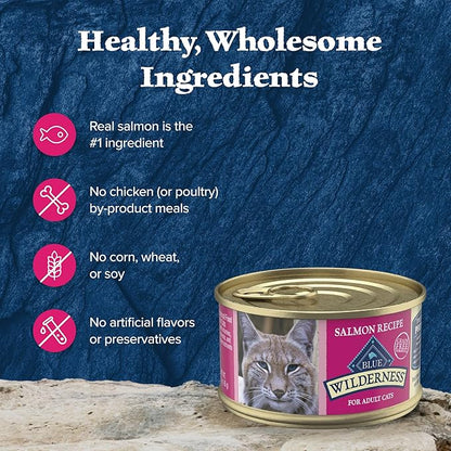 Blue Buffalo Wilderness Natural High-Protein Grain-Free Wet Food for Adult Cats, Salmon Paté, 3-oz. Cans, 24 Count