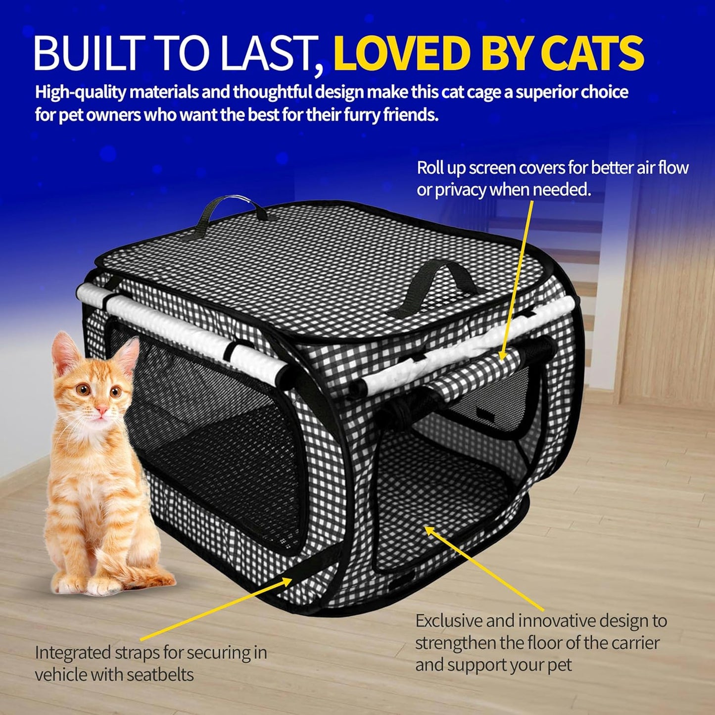 Pet Fit For Life Extra Large Cat Carrier for Travel - Foldable & Portable Collapsible Kennel with Litter Box, Feather Toy & Water/Food Bowl - Ideal for Cars, Long Trips & Indoor Cats - Black Checkers