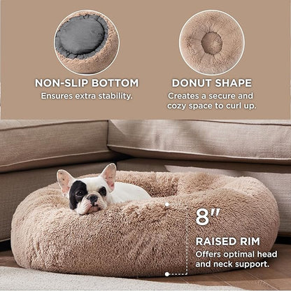 Bedsure Calming Dog Bed Medium Large Size Dogs - Donut Washable Large Pet Bed, 33 inches Anti-Slip Round Fluffy Plush Faux Fur Dog Bed, Camel