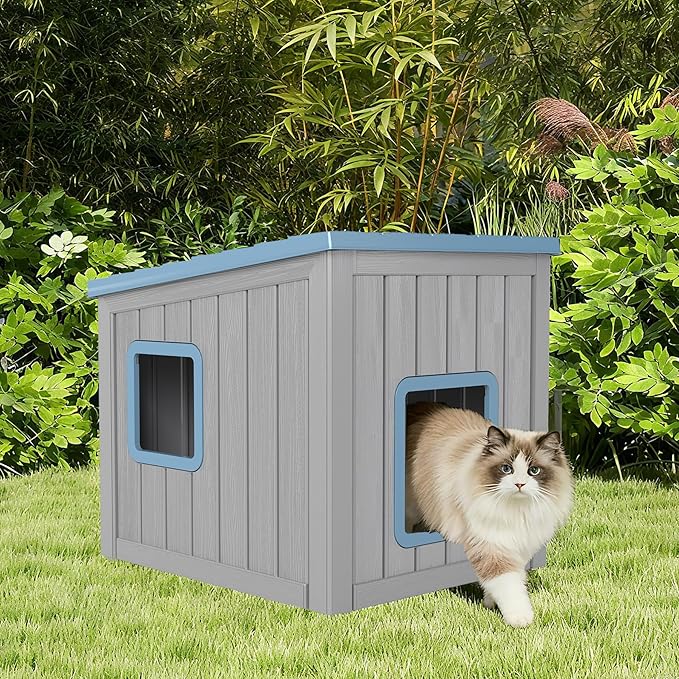 Outdoor Cat House, Cat Houses for Outdoor Indoor Cats, Clawsable Cat House Weatherproof, Feral Cat Shelter, Resin Insulated Material, Emergency Exit Easy to Clean and Install, Blue