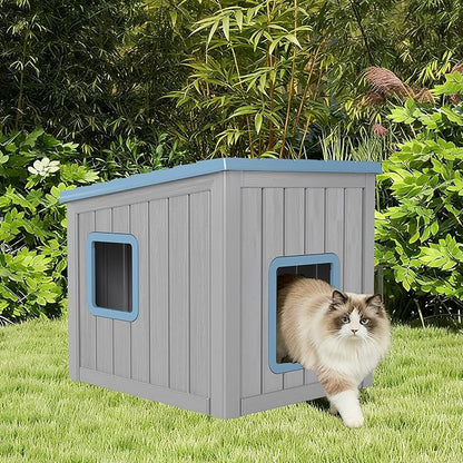 Outdoor Cat House, Cat Houses for Outdoor Indoor Cats, Clawsable Cat House Weatherproof, Feral Cat Shelter, Resin Insulated Material, Emergency Exit Easy to Clean and Install, Blue