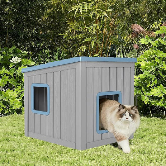 Outdoor Cat House, Cat Houses for Outdoor Indoor Cats, Clawsable Cat House Weatherproof, Feral Cat Shelter, Resin Insulated Material, Emergency Exit Easy to Clean and Install, Blue