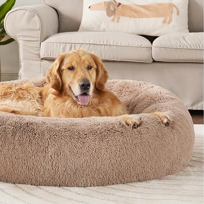 Bedsure Calming Dog Bed for Extra Large Dogs - Donut Washable Large Pet Bed, 45 inches Anti-Slip Round Fluffy Plush Faux Fur Dog Bed, Fits up to 120 lbs Pets, Camel