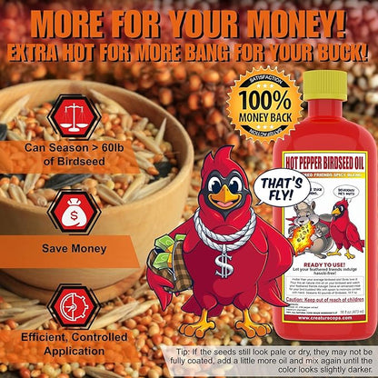 CreatureCops™ Spicy Squirrel Seed Sauce | All-Natural & Squirrel-Resistant Hot Pepper Bird Seed Oil | Flaming Hot Sauce - Seasons >60lb per 16oz Bottle