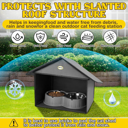 Dreyoo 1 Pack Outdoor Cat Feeding Station for Food & Water, Weatherproof Outdoor Kitty Dining Room Cat Shelter for Stray, Feral Cats and Community Cats, 13”d x 17”w x 15.5'h (Dark Grey)
