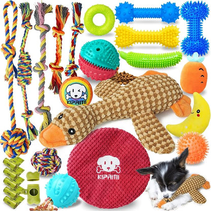 KIPRITII Puppy Teething Chew Toys -25 Pack Dog Chew Toys with Rope Toys, Dog Treat Balls & Squeaky Toy for Puppy and Small Dogs