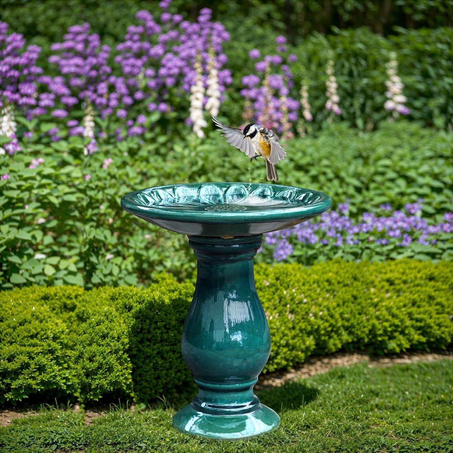 LuxenHome 22 Inch Ceramic Bird Bath for Outside, Elegant Tall Outdoor Bird Bath, Lightweight Pedestal Glazed Birdbaths for Outdoors with Floral Pattern, Dark Green