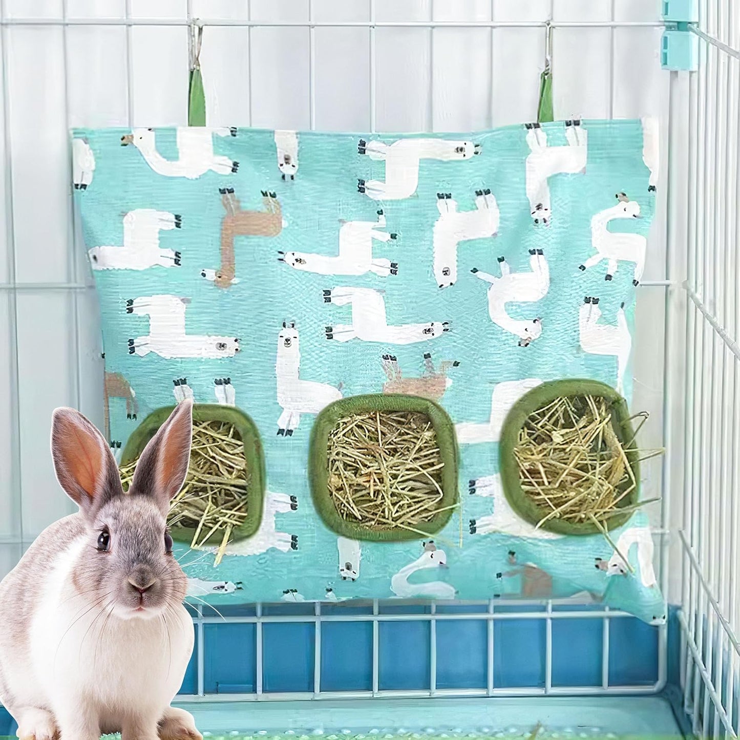 Lesnala 2pcs Bunny hay feeder Rabbit hay feeder bag Hanging guinea pig hay bag Large capacity cotton canvas fabric hay bag for Rabbits Bunny Chinchillas Hamsters and Other Small Pets(3 Holes,2 styles)