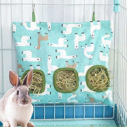 Lesnala 2pcs Bunny hay feeder Rabbit hay feeder bag Hanging guinea pig hay bag Large capacity cotton canvas fabric hay bag for Rabbits Bunny Chinchillas Hamsters and Other Small Pets(3 Holes,2 styles)