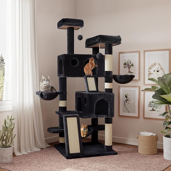 SHA CERLIN 65in Larger Cat Tree Tower Condo for Indoor Kitties/Multi-Level Furniture Activity Center with Wide Base/Cozy Plush Cat Perches/Baskets/Sisal Scratching Posts and Hammock/Dark Grey