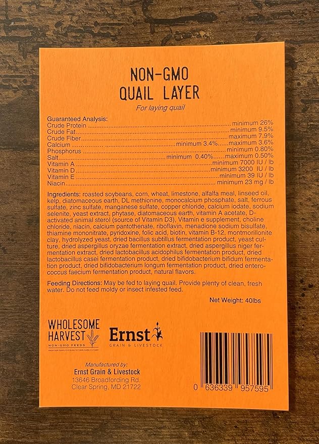 Non-GMO Quail Layer Feed 26% - Premium 40 lb Food for Laying Birds, Button Food