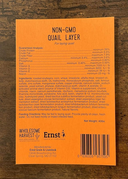 Non-GMO Quail Layer Feed 26% - Premium 40 lb Food for Laying Birds, Button Food