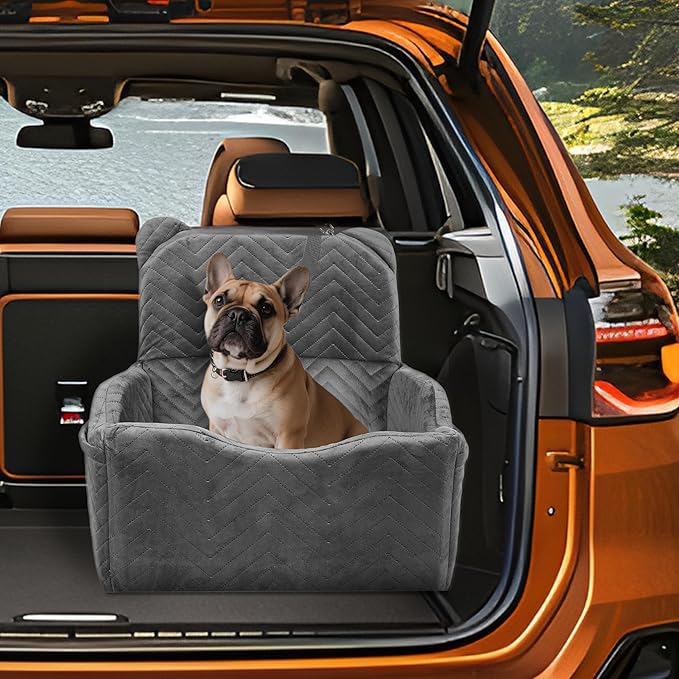 Dog Car Seat Booster with Waterproof Cover, Memory Foam, Small/Medium Dog Bed for Car Back Seat for Travel, 2 Safety Belt