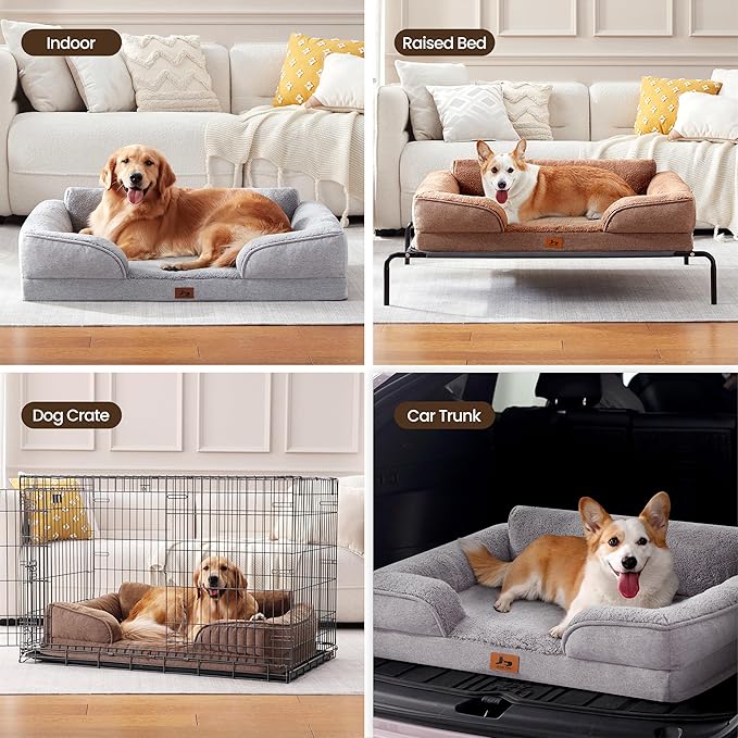 Orthopedic Dog Beds for Medium Size Dogs, Waterproof Egg-Crate Foam Pet Couch Bed with Soft Sides, Non-Slip Dog Sofa with Fleece Removable Washable Cover, 35"L Supportive Pet Sofa, Light Grey