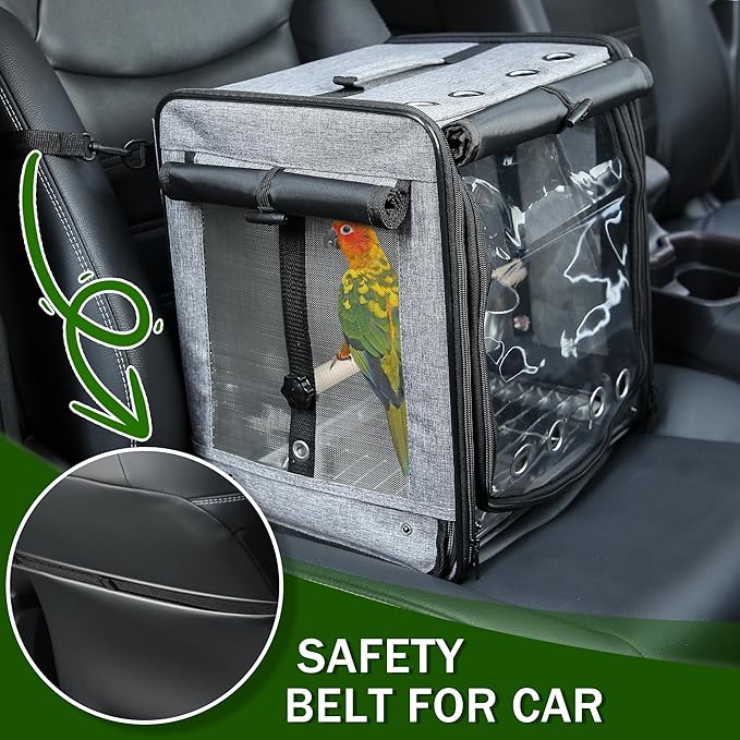 Suertree Bird Carrier with Seat Belt for Car Travel, Bird Backpack Carrier with Indestructible Stainless Steel Mesh, Large Bird Carrier Travel Cage, Grey