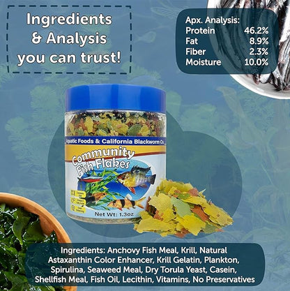 Aquatic Foods Inc. Community & Tropical Fish Flakes, for Angel Fish, Guppies, Live Bearers, Loaches, Gouramis, Catfish, Cichlids, 12-Type Pellet Mix & 4-Type Wafer Mix Included...7.0oz Canister