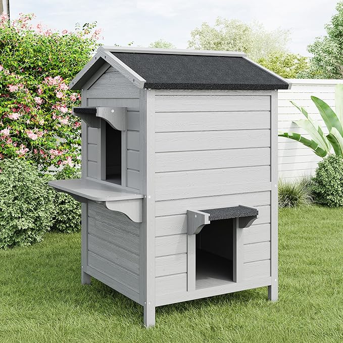 Outdoor Cat House Wooden Shelter: Large Weatherproof Pet Enclosure for Indoor or Feral Cats, 2-Tier Cat House for Outside Cats