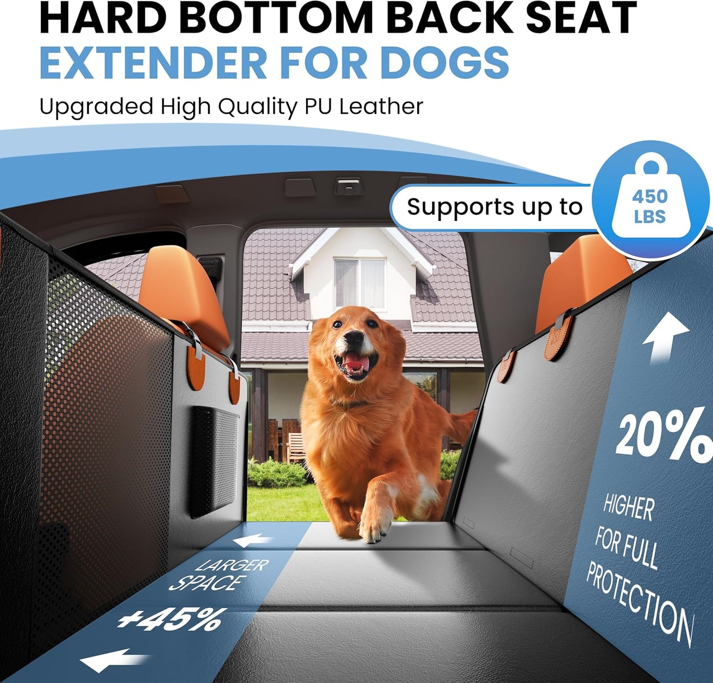 Dog Car Seat Cover for Back Seat, Hard Bottom Back Seat Extender for Dogs, Waterproof Dog Hammock for Truck Support to 400lbs, Car Seat Protector for Cars, Trucks, SUV, Jeep (Universal-PU-Orange)