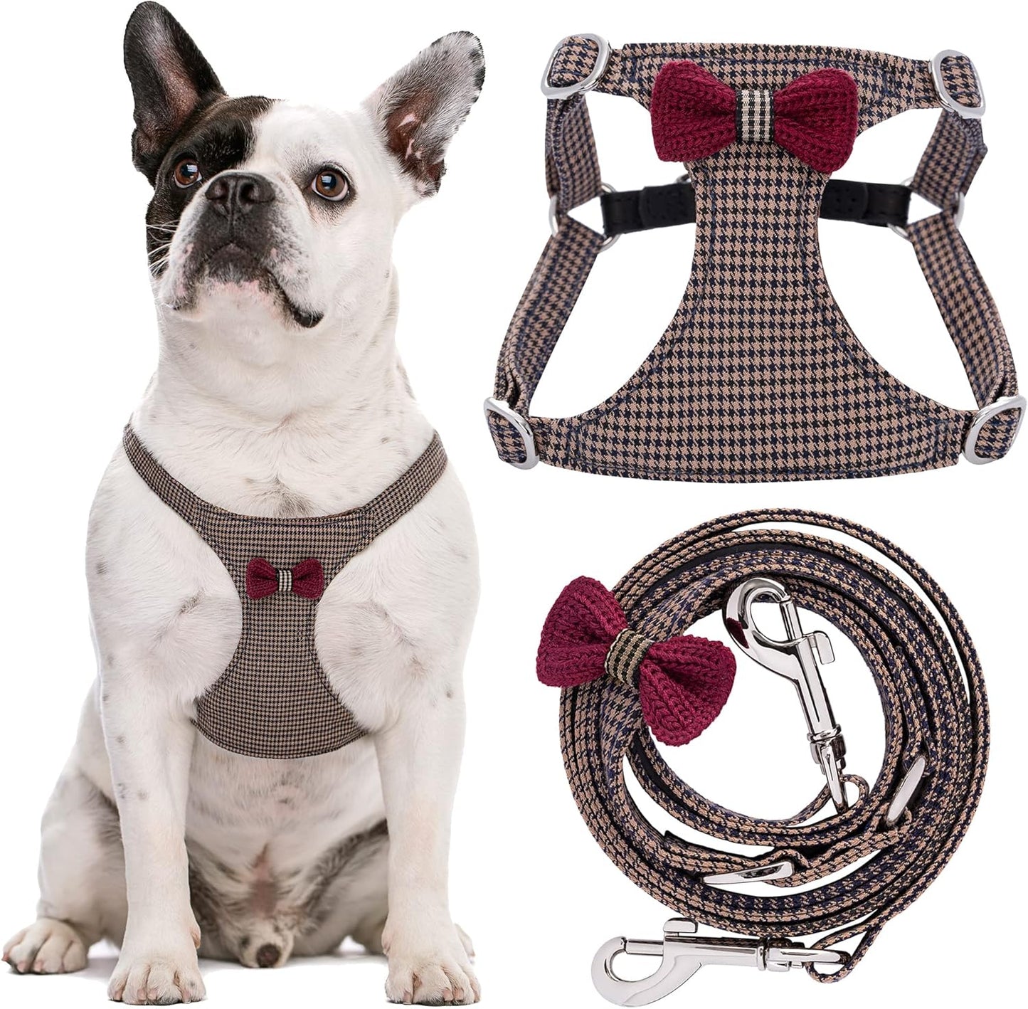 Puppytie No Pull Dog Harness with Multifunction Dog Leash,Soft Adjustable No Choke Escape Proof Pet Harness Vest for Medium Dogs,Knitted Brown,M