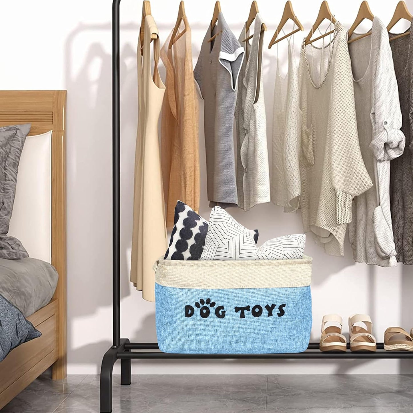 PET ARTIST Dog Toy Basket, Collapsible Dog Toy Bin Box with Comfortable Handles, Large Pet Toy Storage Organizer for Accessories, Toys, Coat & Clothing, Blanket & Leash, Blue, 15"x11"x9"