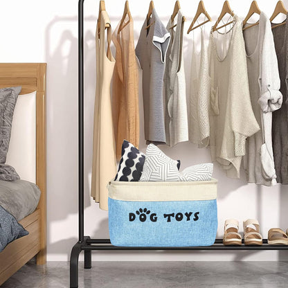 PET ARTIST Dog Toy Basket, Collapsible Dog Toy Bin Box with Comfortable Handles, Large Pet Toy Storage Organizer for Accessories, Toys, Coat & Clothing, Blanket & Leash, Blue, 15"x11"x9"