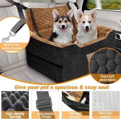 Dog Car Seat for Medium/Large Dog Booster Seat Under 60 lbs or 2 Small Dogs, Multi-Functional Pet Car Seat with Thick Cushion, 2 Safety Leashes(BlackBrown)