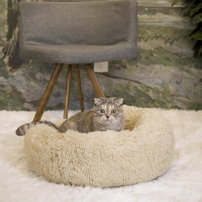 Calming Cat Bed - Anti Anxiety Round Fluffy Plush Faux Fur, Washable 23 inches Small Dog & Cat Bed