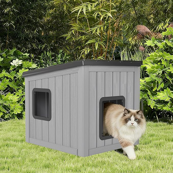 Outdoor Cat House, Cat Houses for Outdoor Indoor Cats, Clawsable Cat House Weatherproof, Feral Cat Shelter, Resin Insulated Material, Emergency Exit Easy to Clean and Install, Black
