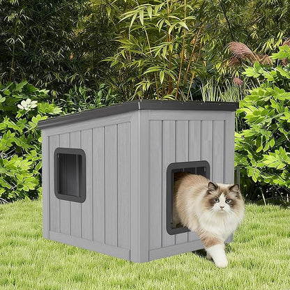 Outdoor Cat House, Cat Houses for Outdoor Indoor Cats, Clawsable Cat House Weatherproof, Feral Cat Shelter, Resin Insulated Material, Emergency Exit Easy to Clean and Install, Black