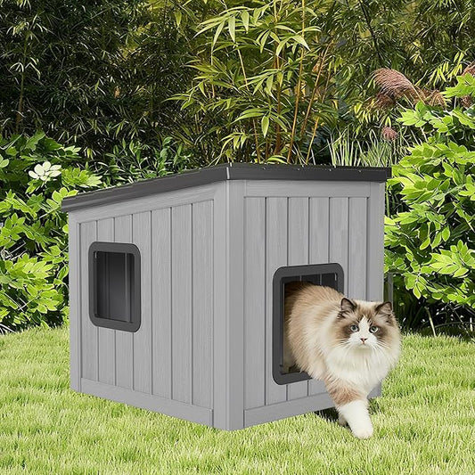 Outdoor Cat House, Cat Houses for Outdoor Indoor Cats, Clawsable Cat House Weatherproof, Feral Cat Shelter, Resin Insulated Material, Emergency Exit Easy to Clean and Install, Black