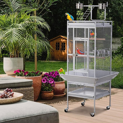 ZENY 61-inch Large Parrot Cockatiel Bird Cages with Wrought Iron Play Top, Aviary with Rolling Stand for Sun Parakeet Quaker Conure Lovebird Budgie Finch African Grey White Birdcage (White)