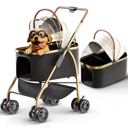 Pet Stroller for Small Medium Dogs & Cats – 2-in-1 Detachable Carrier, Zipperless Entry, Lightweight Folding Travel Stroller with Storage Basket, Cup Holder, Black&Beige