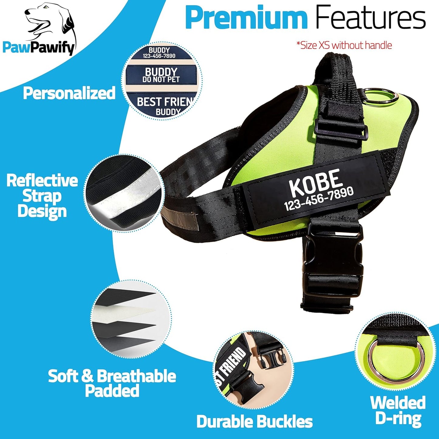 PawPawify Custom No Pull Dog Harness with Name and Phone Number, Heavy Duty Personalized Pet Vest to Prevent Tugging, Pulling, or Choking, Training and Walking (Green, M (Chest 20-24in))